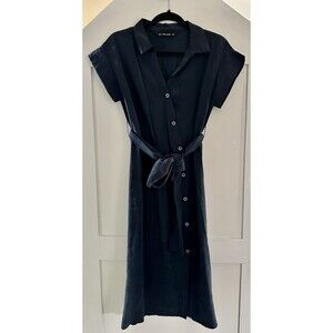 ZARA Basic Navy Blue Button Down Short Sleeve Midi Dress With Belt Tie Sz XS
